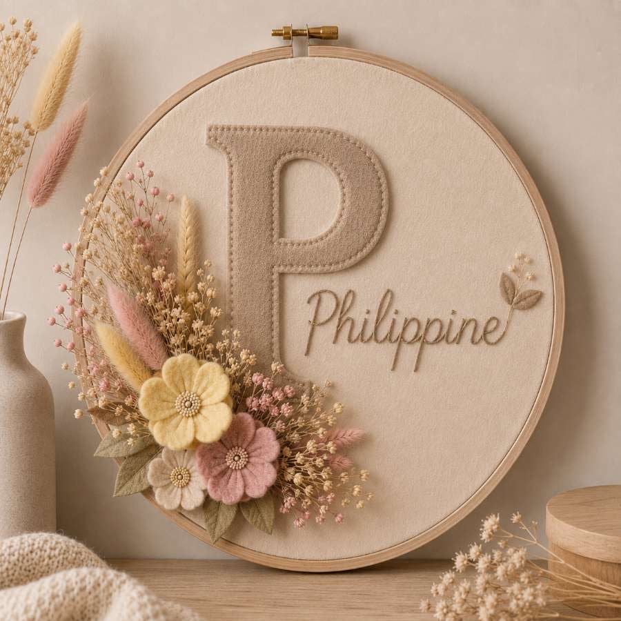 Tambourin brodé avec feutrine et fleur séchée 30cm